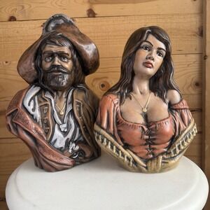 VTG Holland Mold 70s Ceramic Bust Pirate Gypsy Women Figural Statues Curiosity